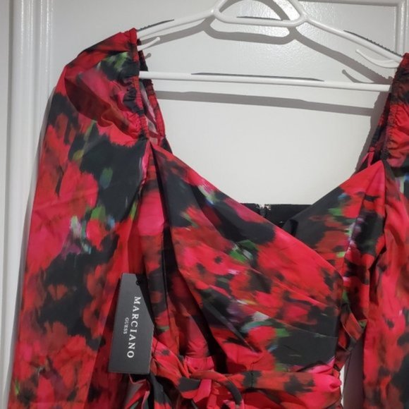 Marciano Guess "Red Rhapsody" 60s Style Satin Smooth Floral Puff Shoulder Dress - Picture 13 of 16